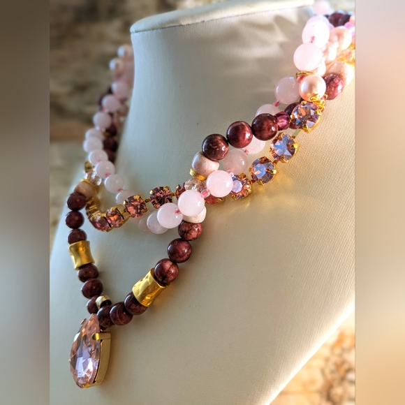 Swarovski Pink & Rose Quartz And Red Turquoise Wrapped Bead Necklace & Earrings - Picture 3 of 12